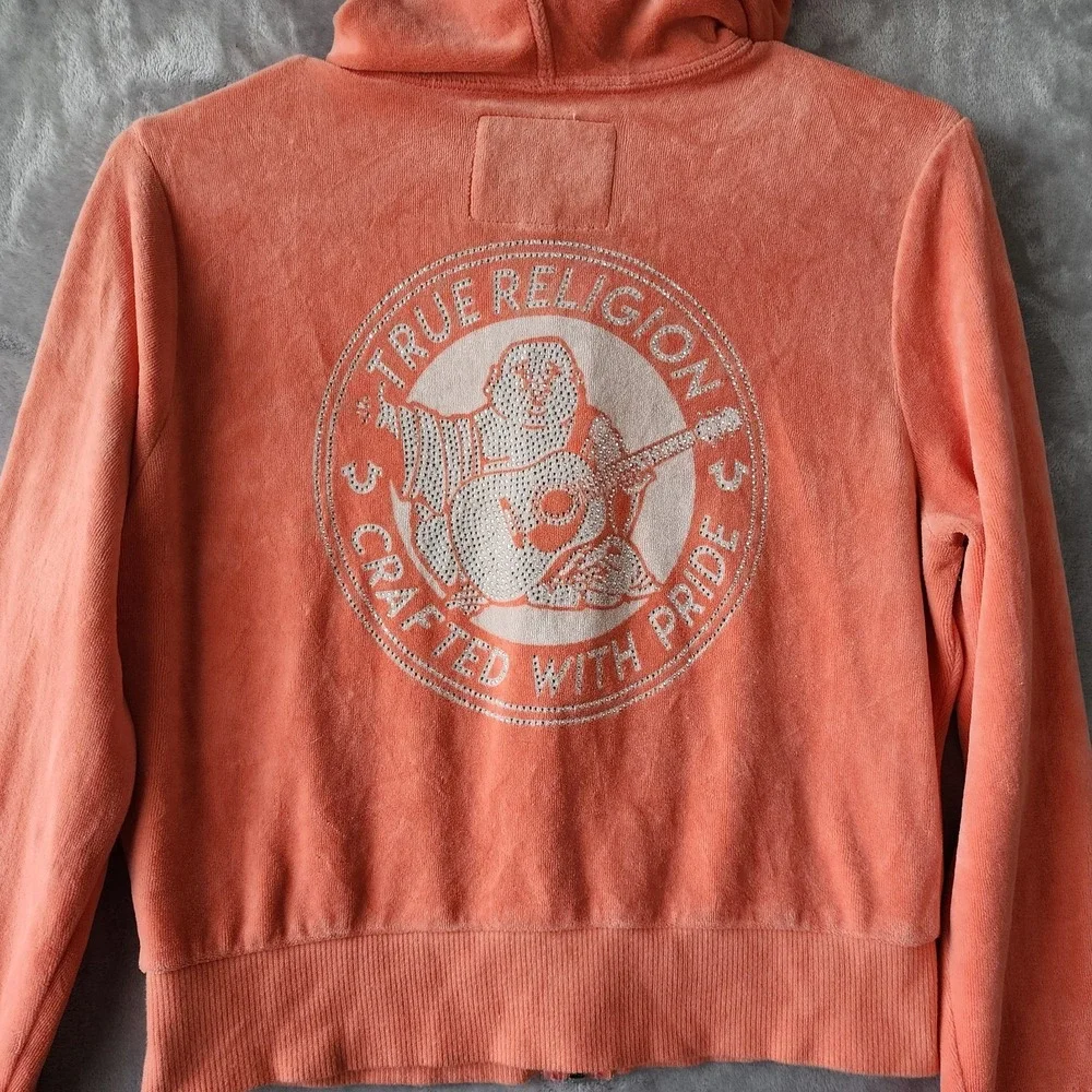 True Religion Velour Jacket Womens Medium Zip Hooded Cropped Crystal Rhinestones - Picture 4 of 9